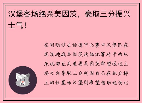 汉堡客场绝杀美因茨，豪取三分振兴士气！